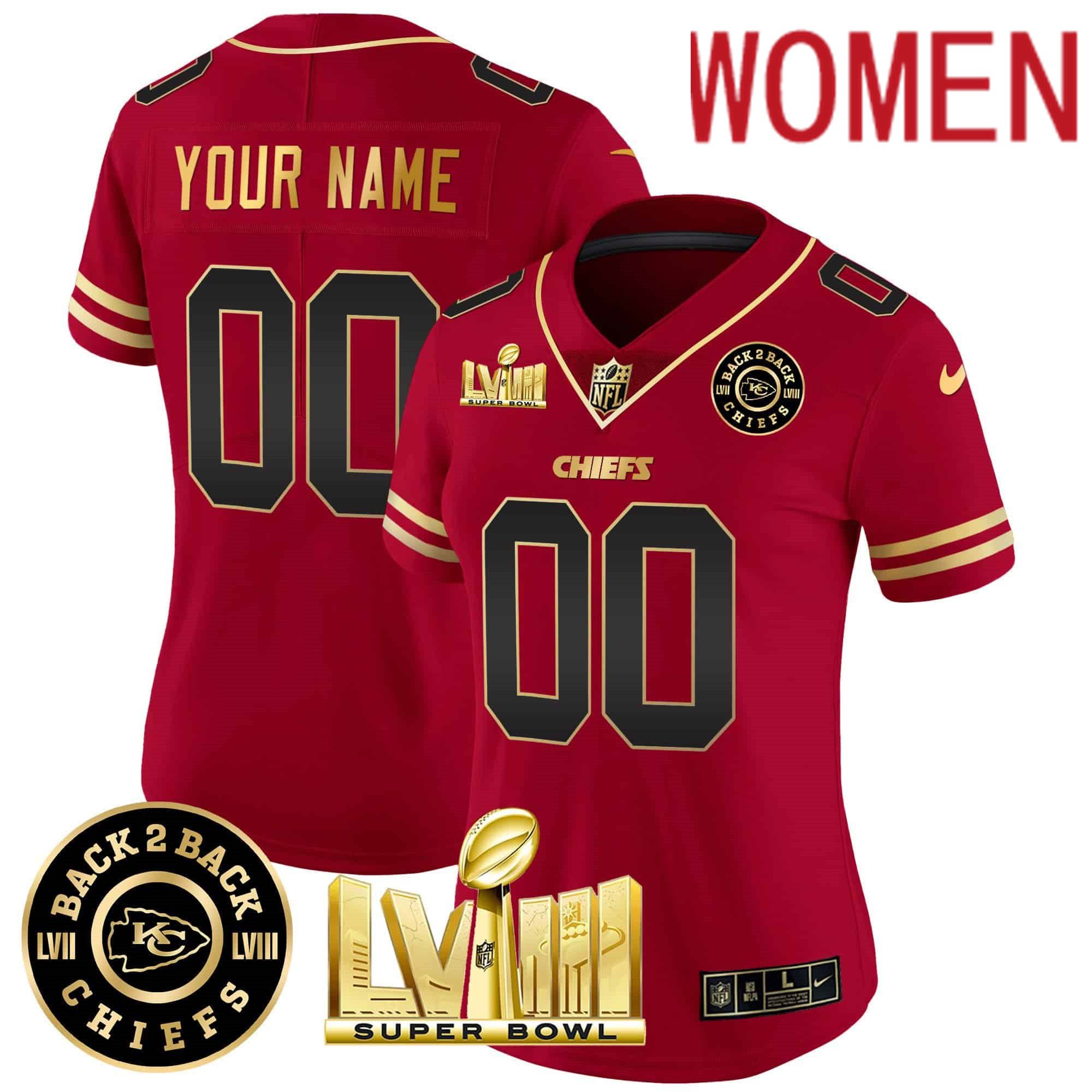 Women Kansas City Chiefs Red 2024 Nike Super Bowl LVIII & Back 2 Back Patch Vapor Custom NFL Jersey style 1
